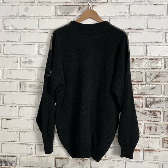 Vintage Lyle & Scott Men Lambs Wool Plaid Charcoal Grey Black Crew Neck Sweater - Picture 6 of 9